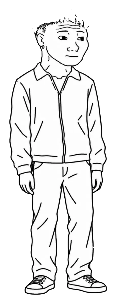 Kimchi WOJAK standing in his zip-up jacket, glancing sideways