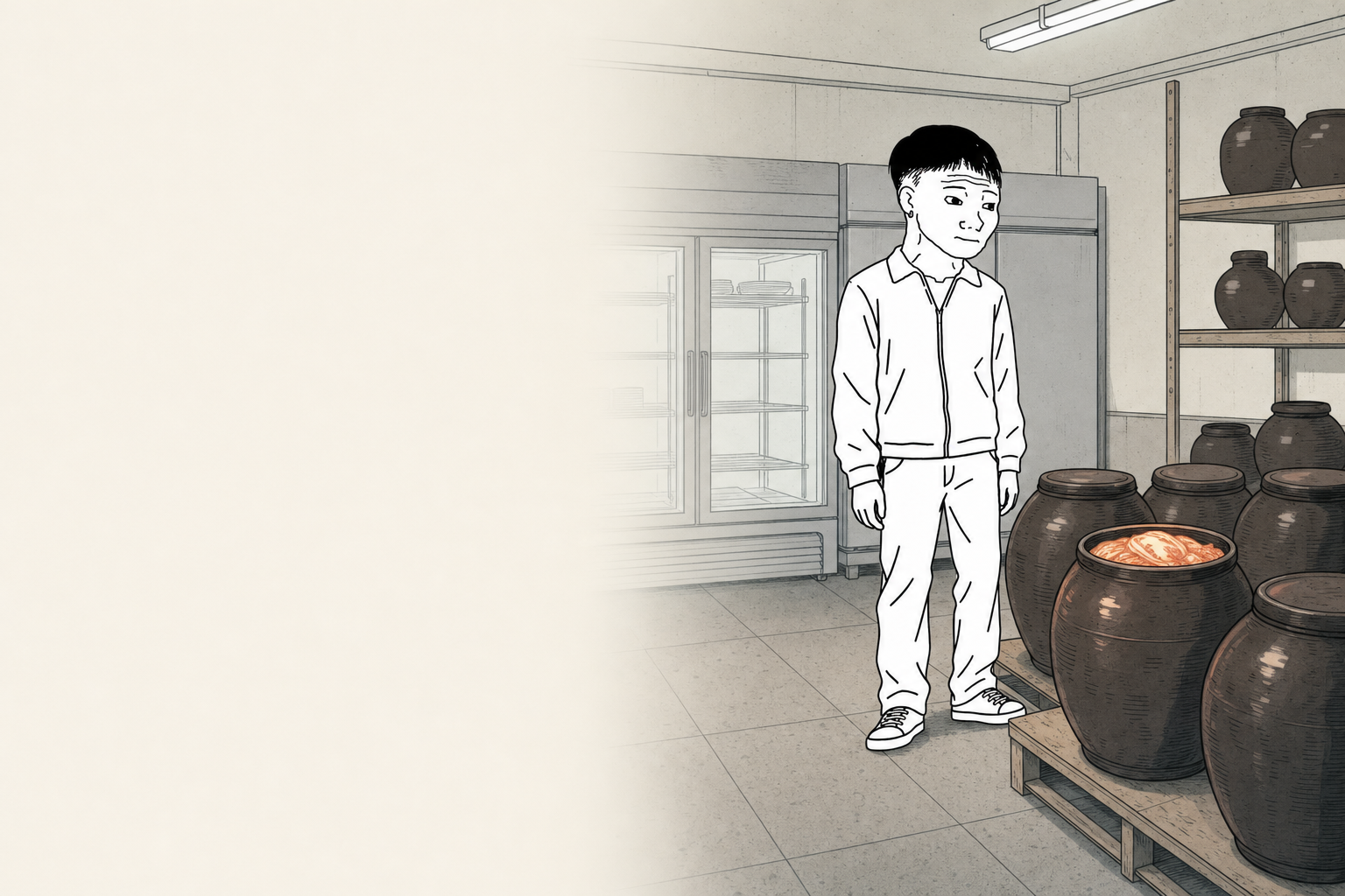 Kimchi WOJAK standing among brown fermentation crocks beside a glass-door fridge